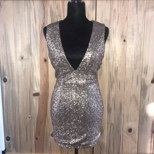 Gold Sequins Deep V-neck Dress